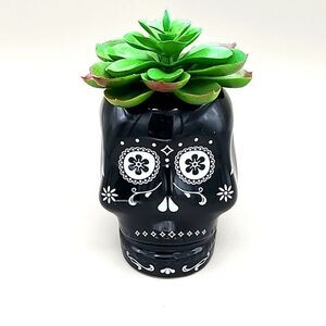 Black & White Small Sugar Skull with Faux Succulent